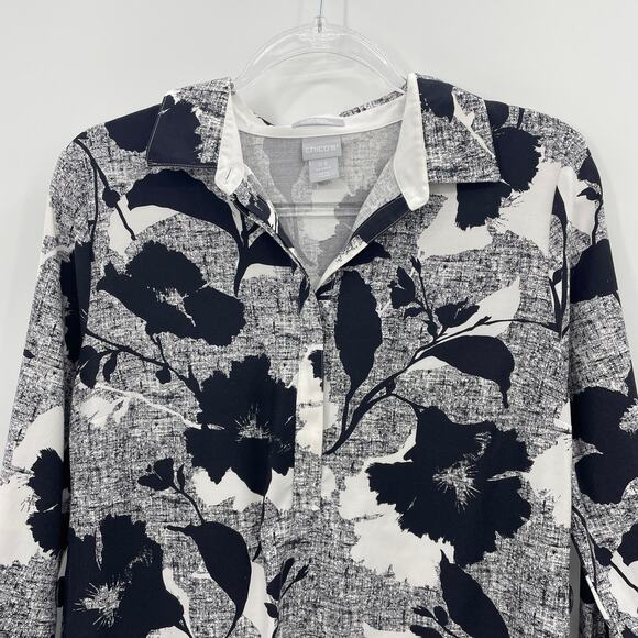 CHICO's Tunic Shirt Floral Black White Womens Size .5 / US S Popover Top - Picture 2 of 10